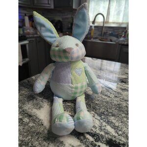 Pottery Barn Kids Patchwork Bunny Rabbit Plush Blue Green Plaid Seersucker 16"